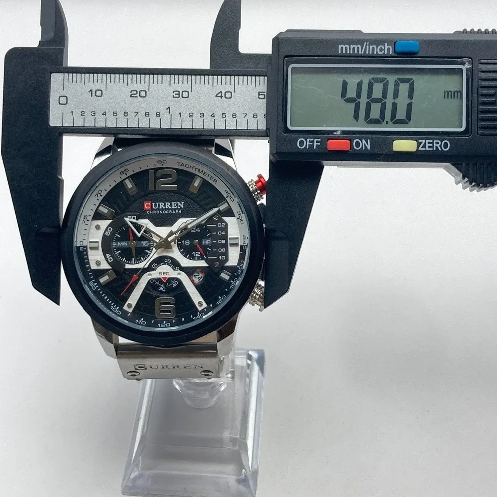 Curren Men's Chronograph Watch 48mm Silver Tone Black Date WR New Battery 10